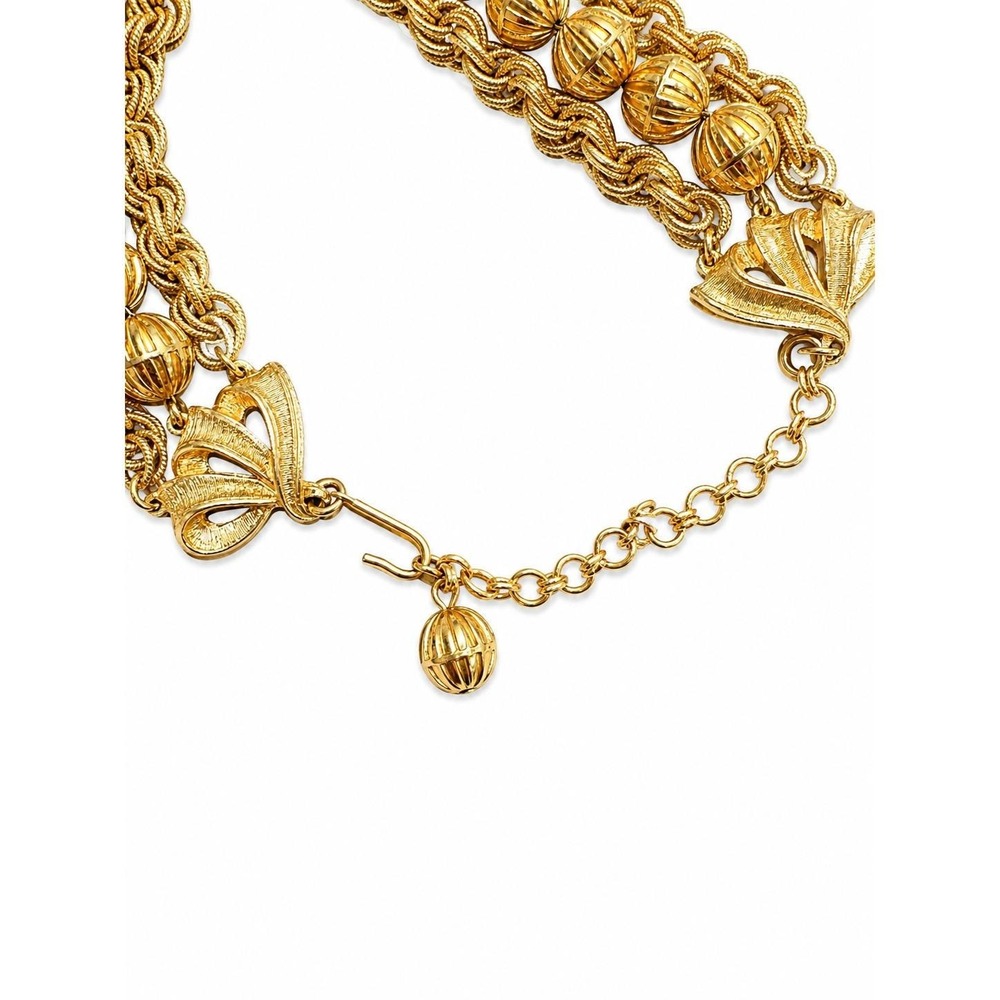 Vintage 1970s Gold Tone Multi Strand Beaded Statement Necklace Ribbed Beads - Picture 3 of 5